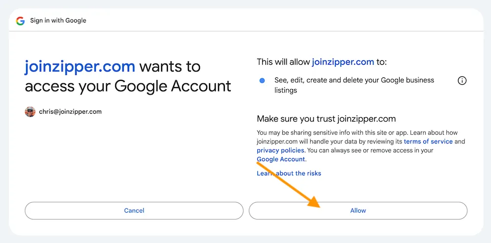 Google account permission prompt for Zipper integration