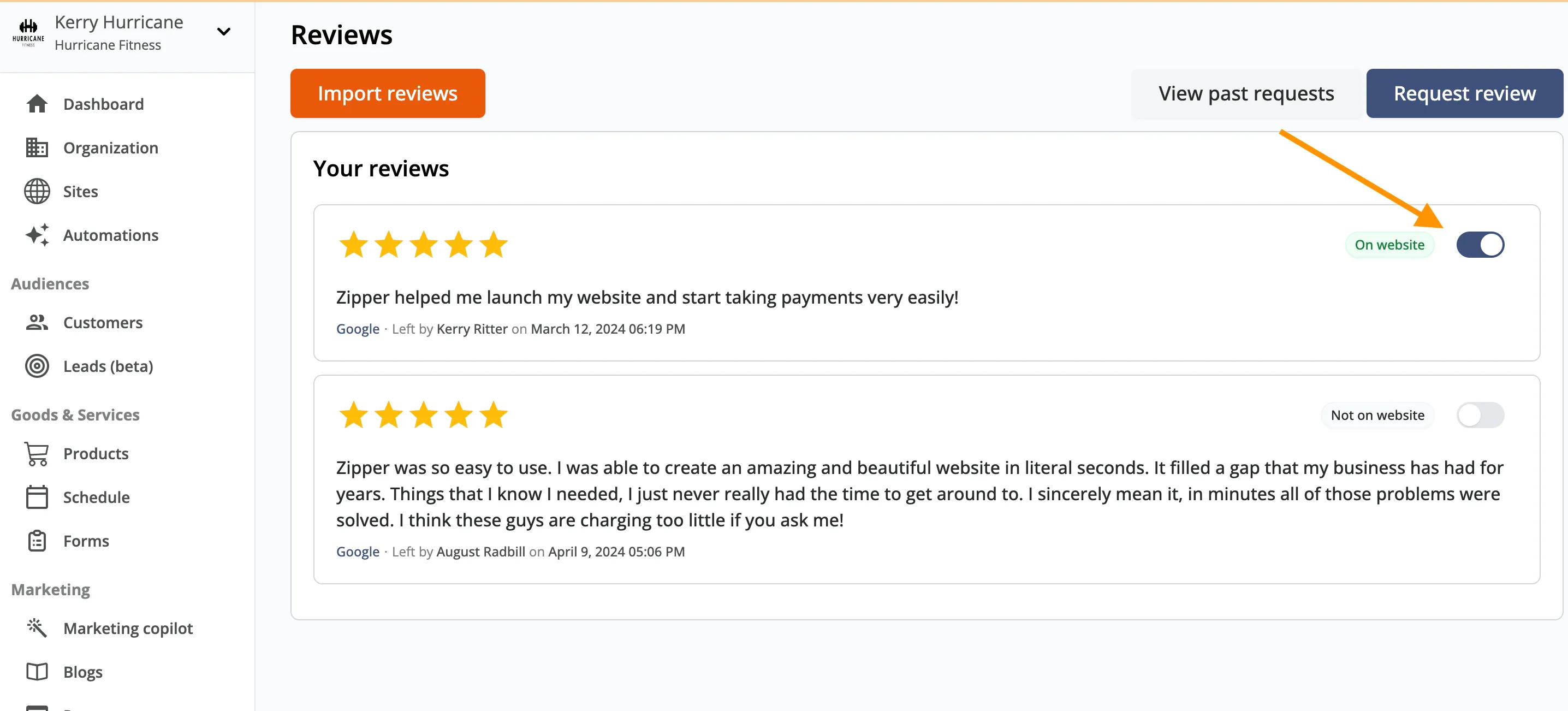 Select which Google Reviews show on your Zipper website