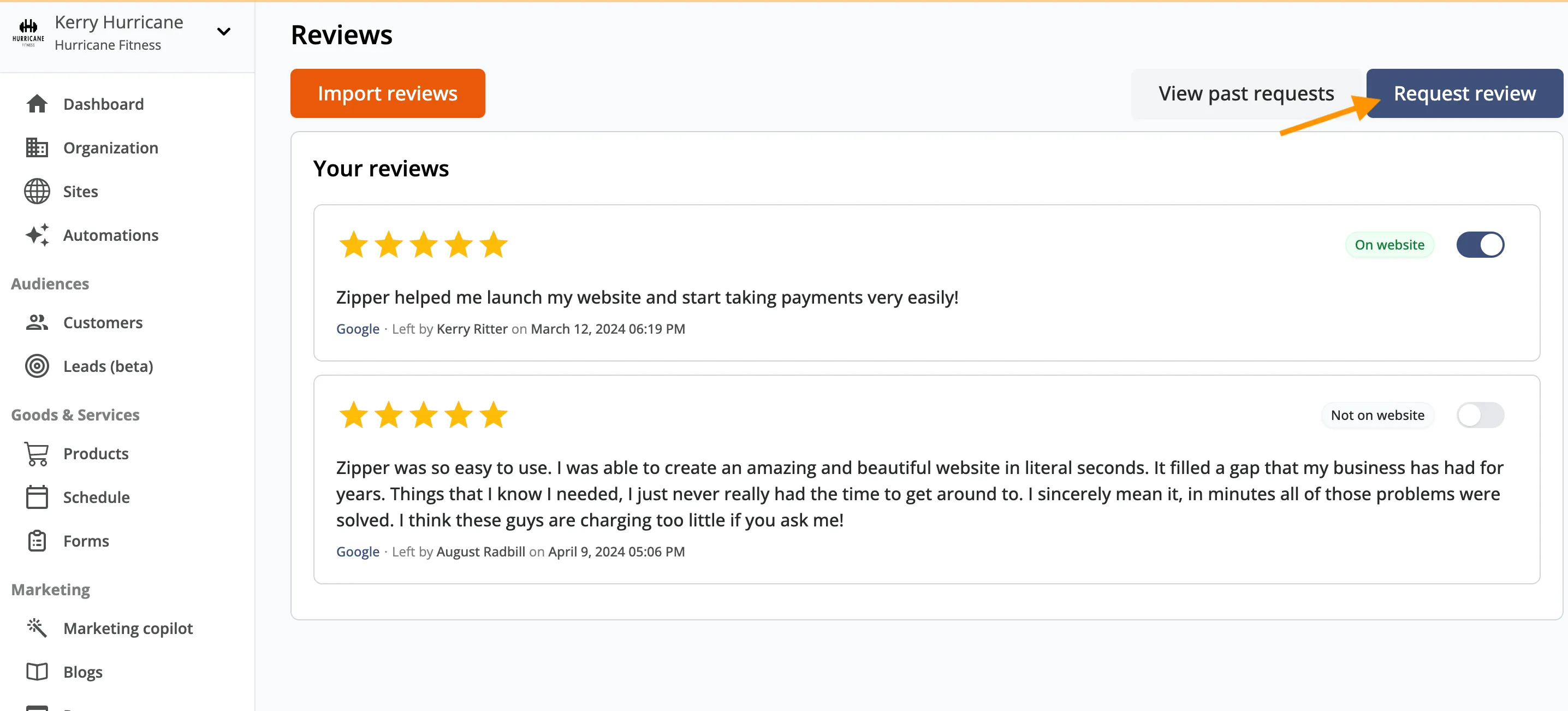 Request Google Reviews button in Zipper