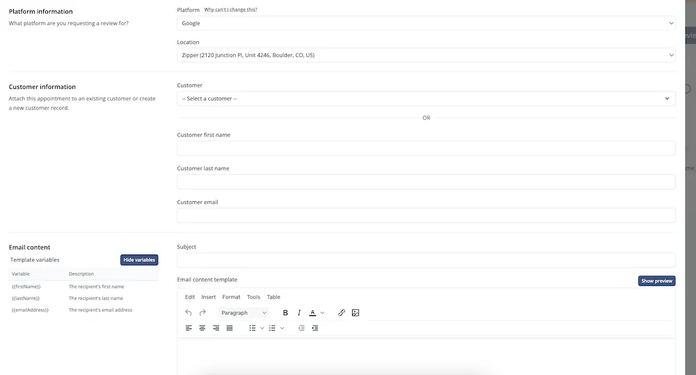 Google Review request message template in Zipper