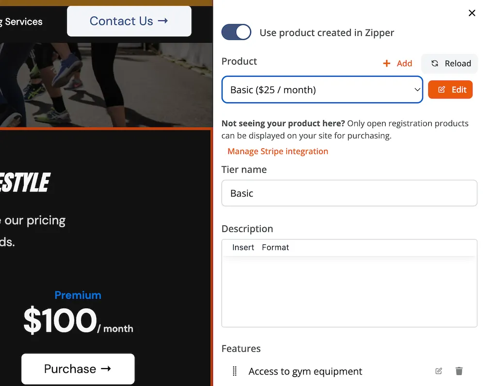 Zipper Stripe integration screenshot