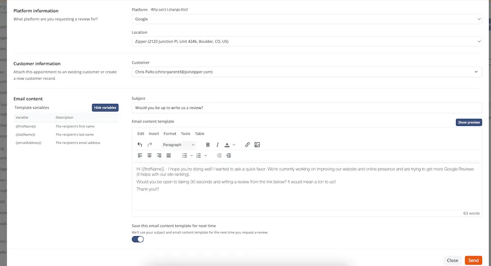 Preview of the Google Review request message