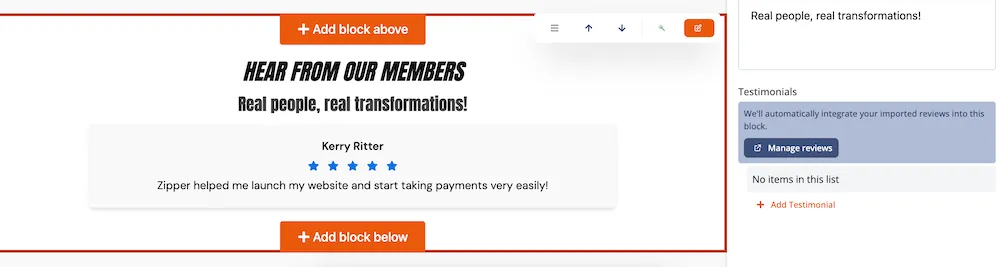 Zipper reviews block example on website