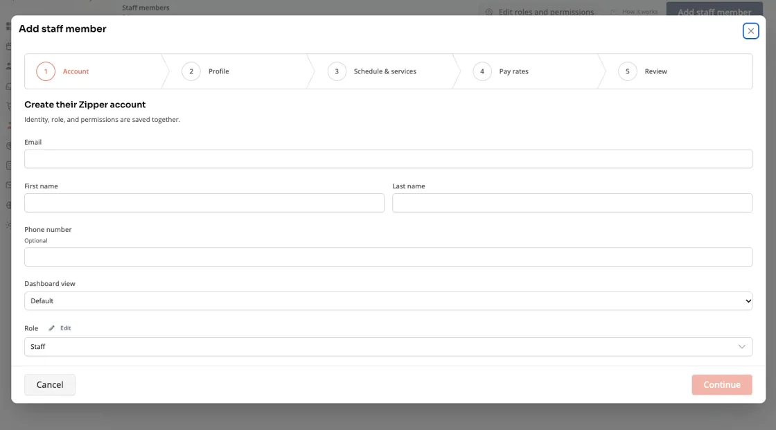 Add staff member flow with account, profile, schedule and services, pay rates, and review steps