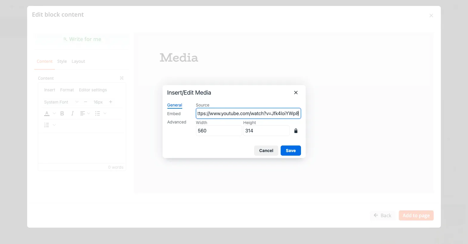 Adding a YouTube video link in the Zipper website builder