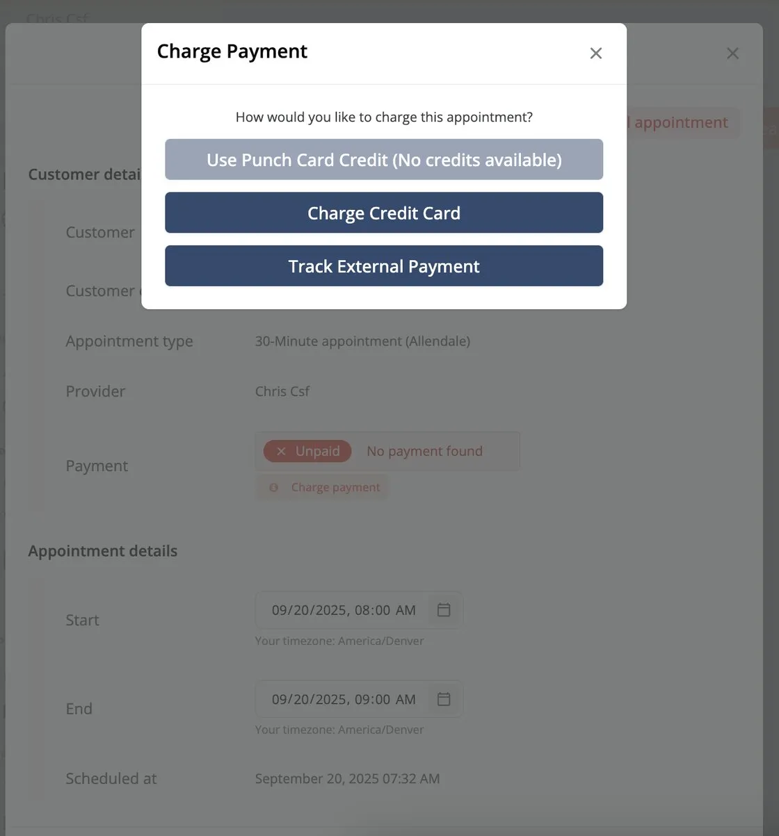 Appointment checkout interface