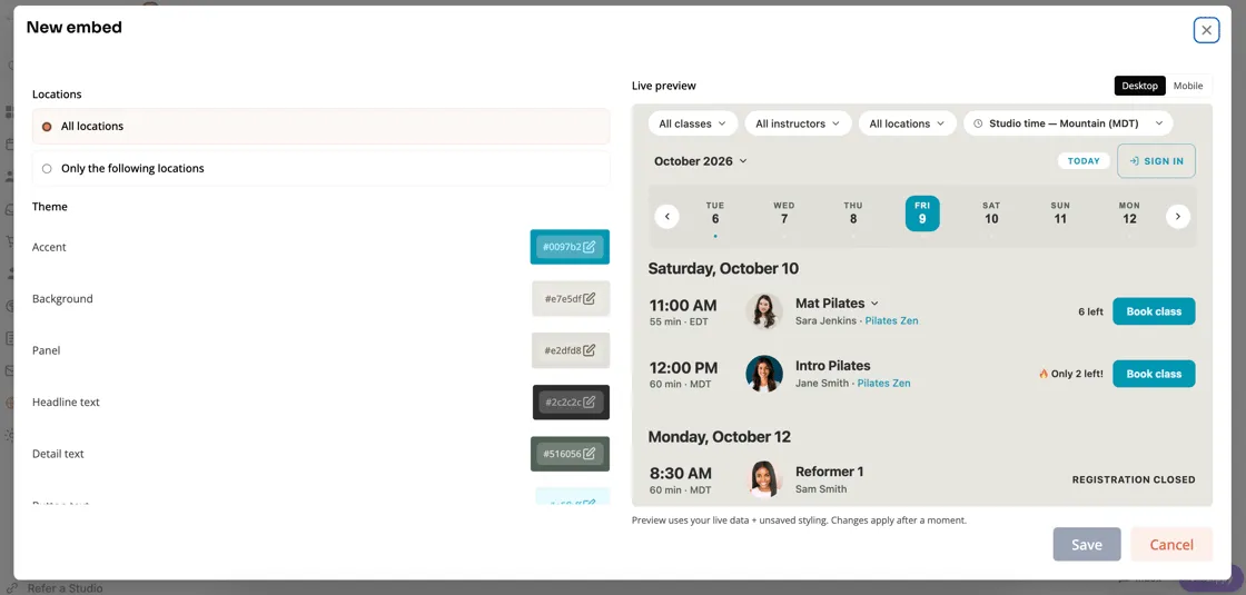 Booking embed builder with theme controls and a live preview of the class schedule