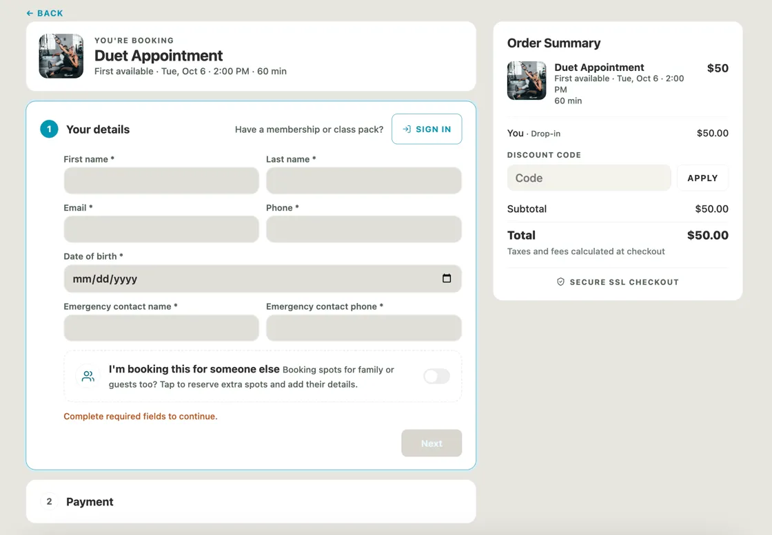 Embedded booking checkout with customer details and order summary