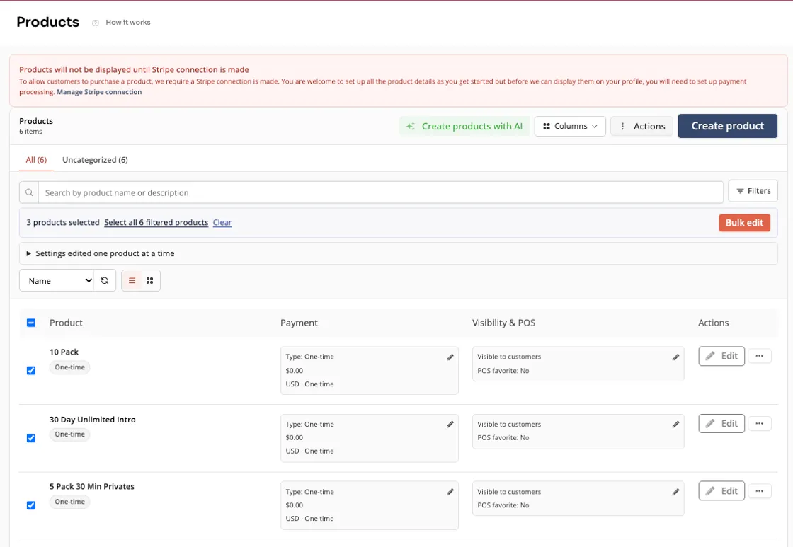 Products table view with three products selected and the Bulk edit button