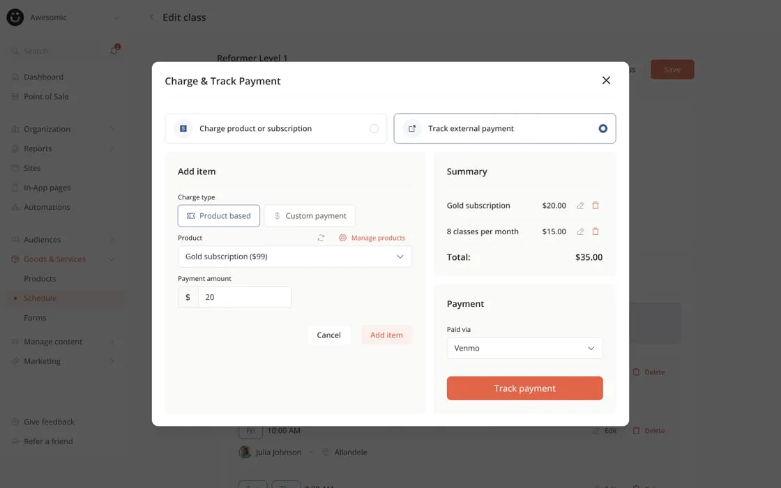 Charge & Track Payment interface
