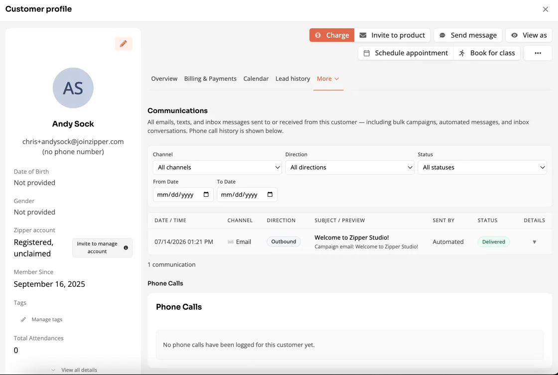 Customer profile Communications tab listing every email and text sent