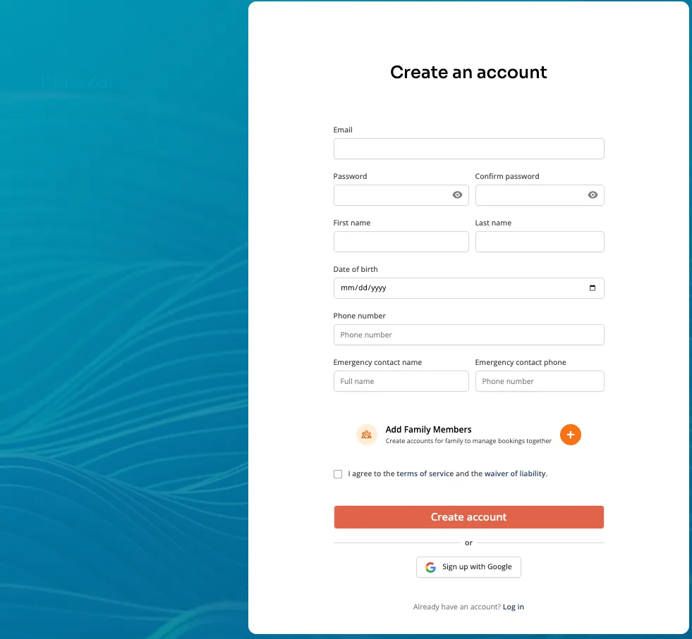 Client app create-account page with date of birth, phone, and emergency contact fields