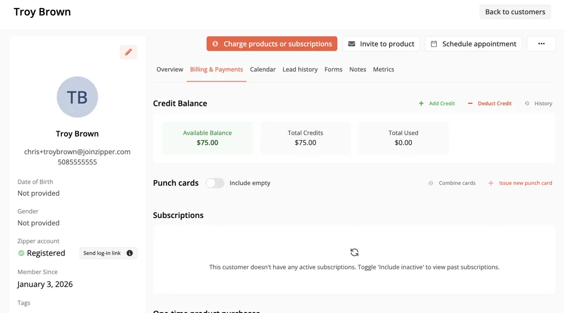 Account credits and debits panel