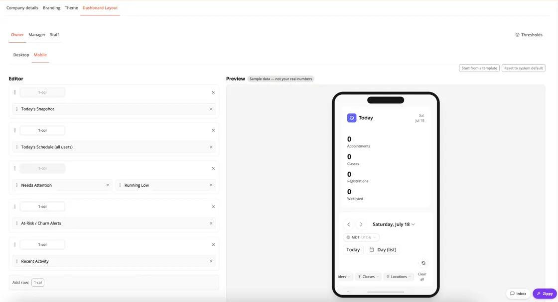 Customizable dashboard editor with a live mobile preview
