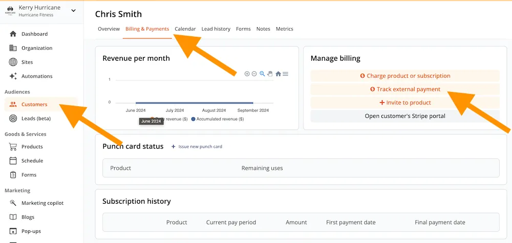 Customer profile with the Billing & Payments tab and Track external payment option