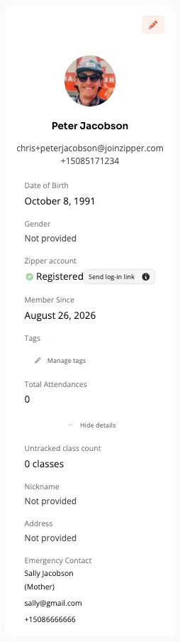 Customer profile showing date of birth, phone, and emergency contact