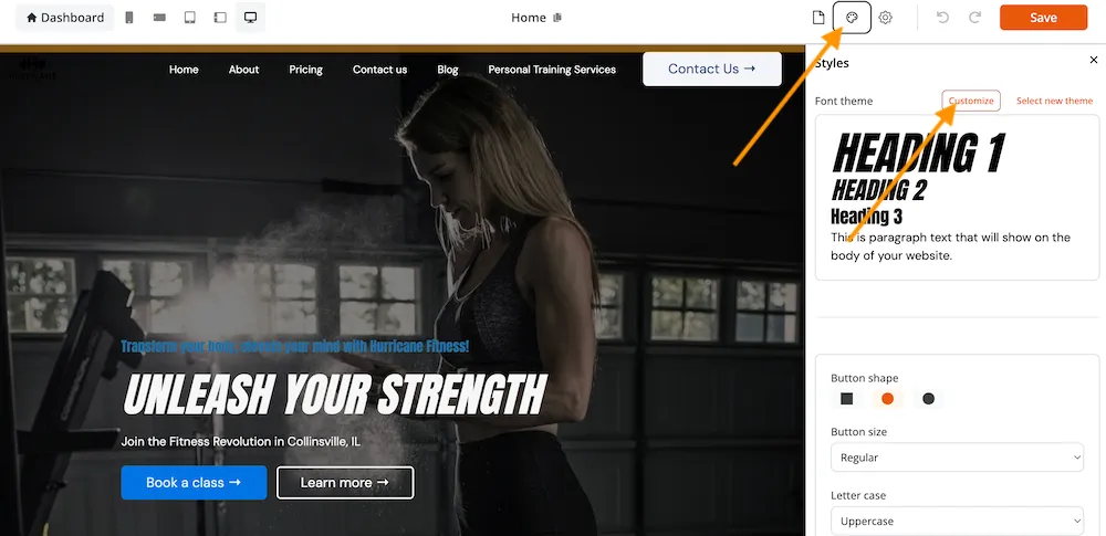Edit Style and Customize options in the Zipper Site builder