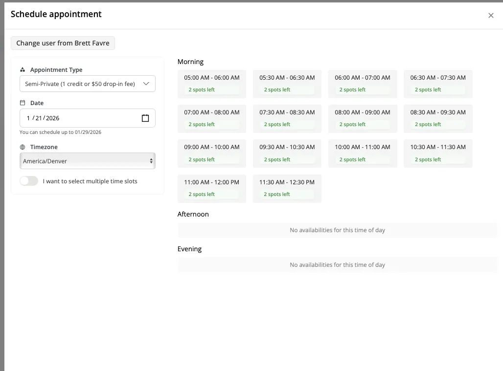 Client-facing booking screen showing duet slot availability in Zipper
