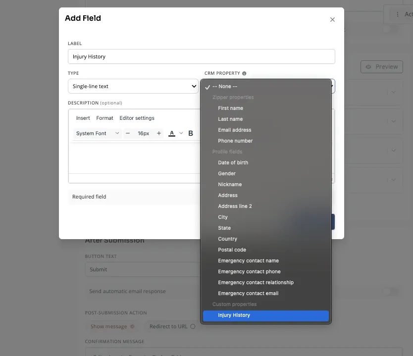 Add Field dialog with the new custom field selected as the CRM property