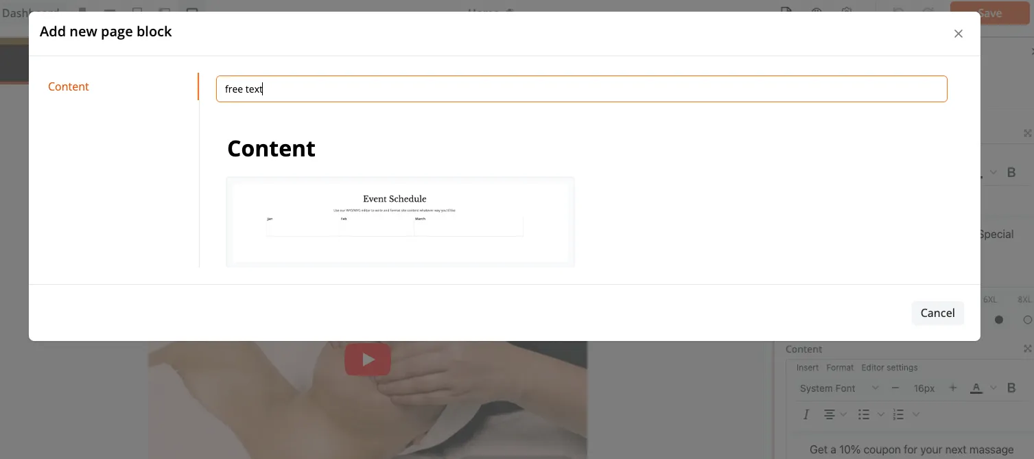 Free Text website block in the Zipper Site builder
