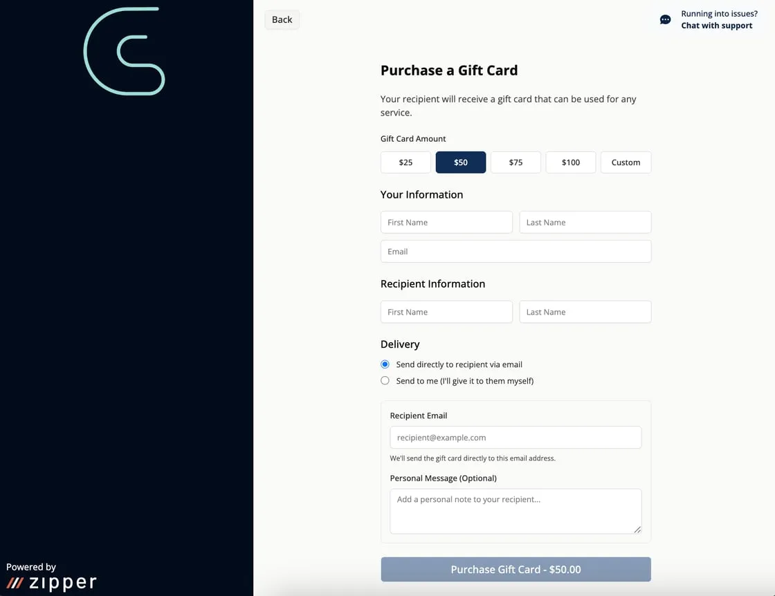 Improved gift card management dashboard in Zipper