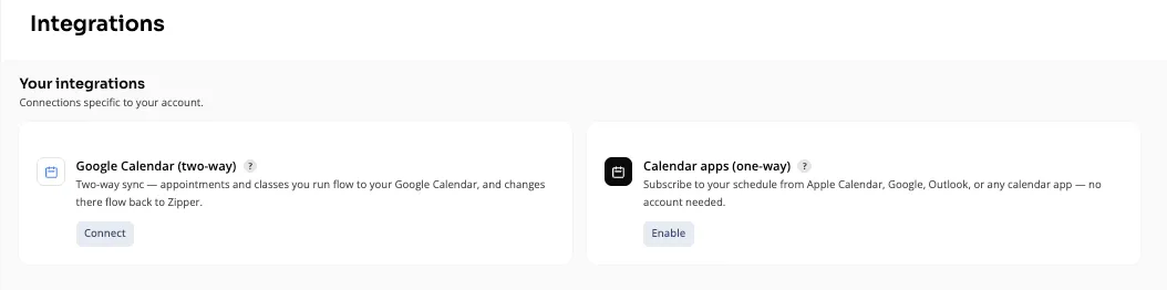 Two-way Google Calendar sync with Zipper appointments and classes