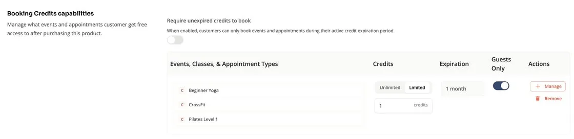 Booking credits with a Guests Only toggle to grant guest passes inside a Zipper membership