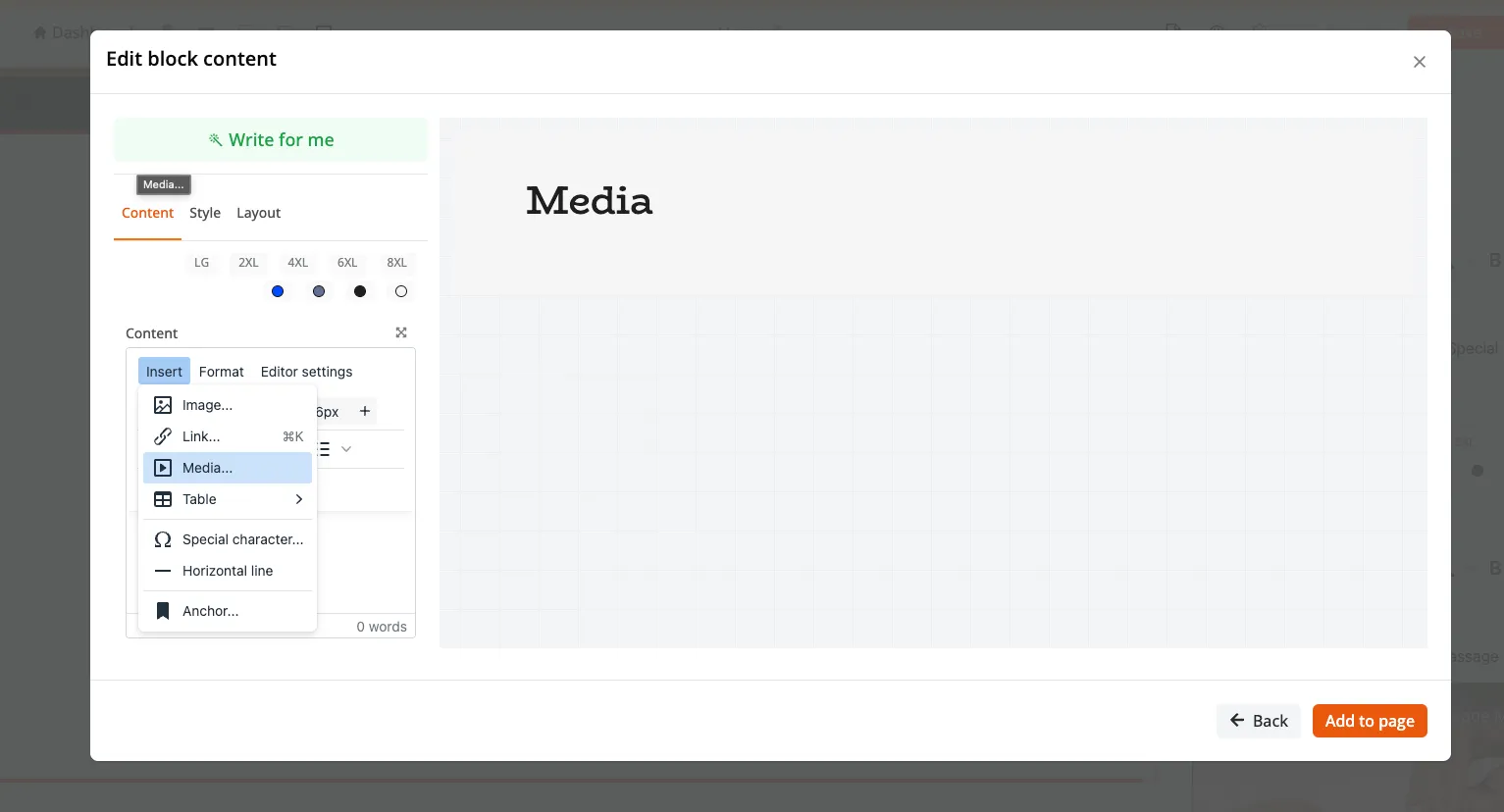 Insert Media menu in the Zipper website builder