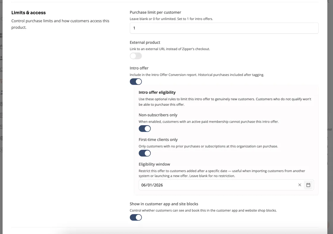 Product limits and access settings with intro offer eligibility options