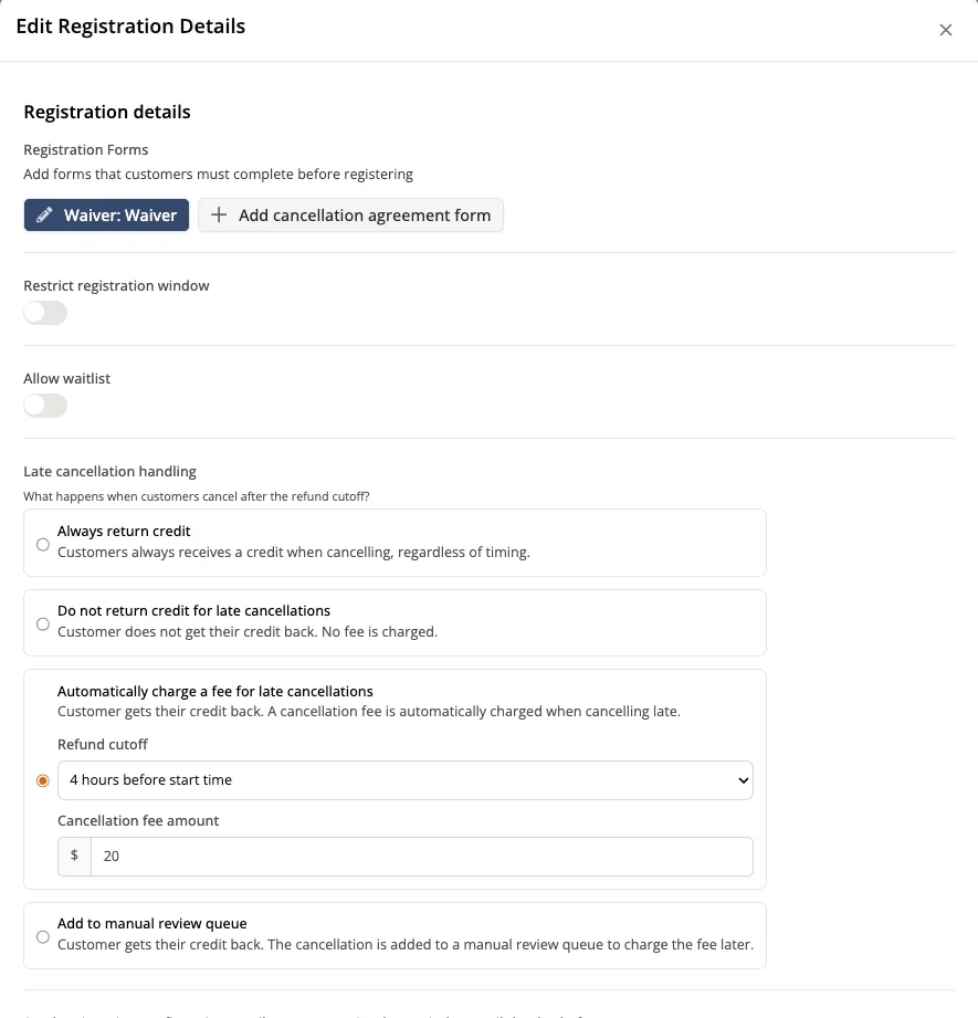 Late cancellation charging and waitlist queuing