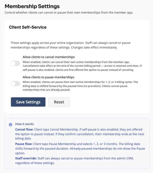 Member self-service pause and cancel controls