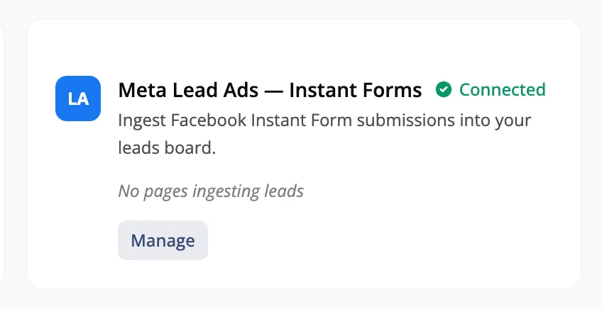 Meta Lead Ads Instant Forms integration connected in Zipper