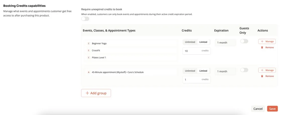 Multi-credit membership setup in Zipper combining class credits and appointment credits in one product