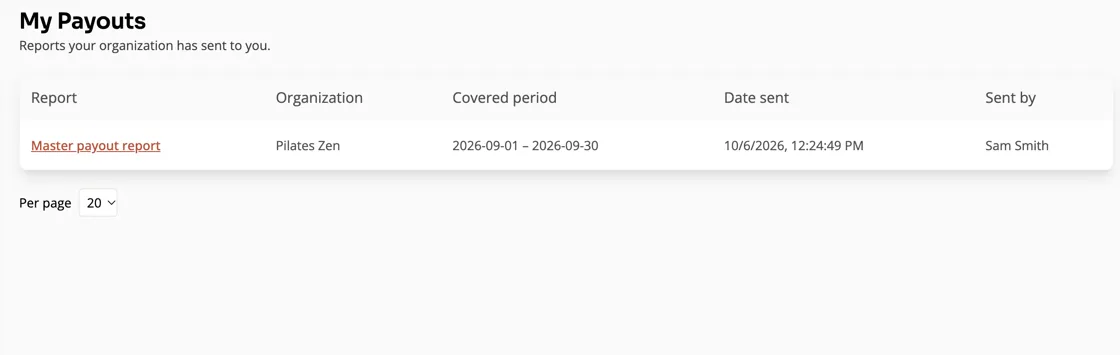 My Payouts tab listing payout reports sent to a staff member
