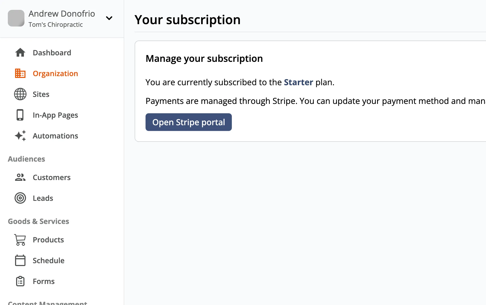 Zipper subscriptions page with the Open Stripe Portal button