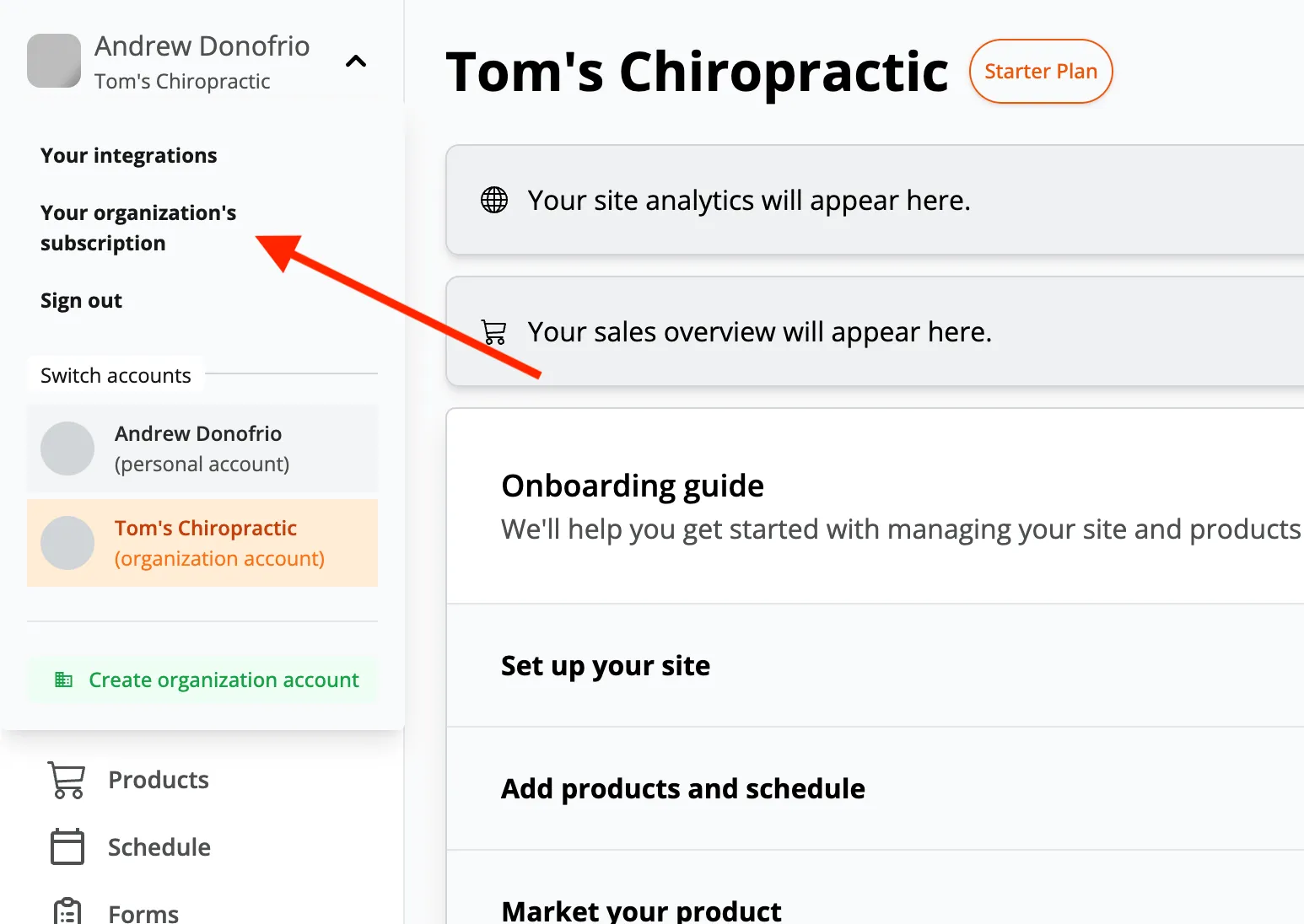 Zipper organization menu with Your Organization's Subscriptions option