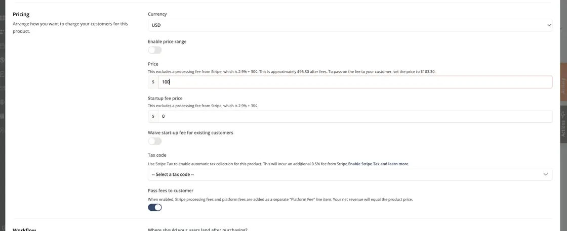 Configuring pass-on processing fees on a product in Zipper