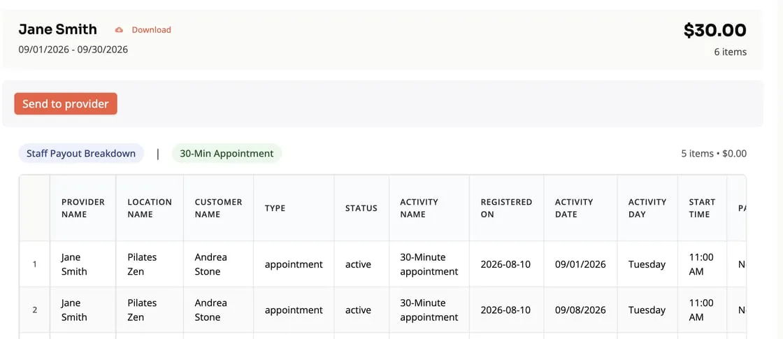 Master payroll report with the Send to provider button
