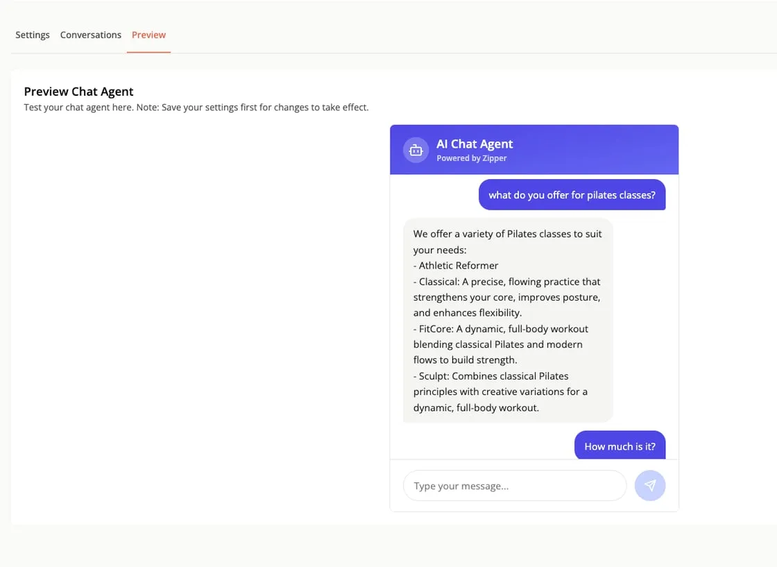Previewing the AI chat agent