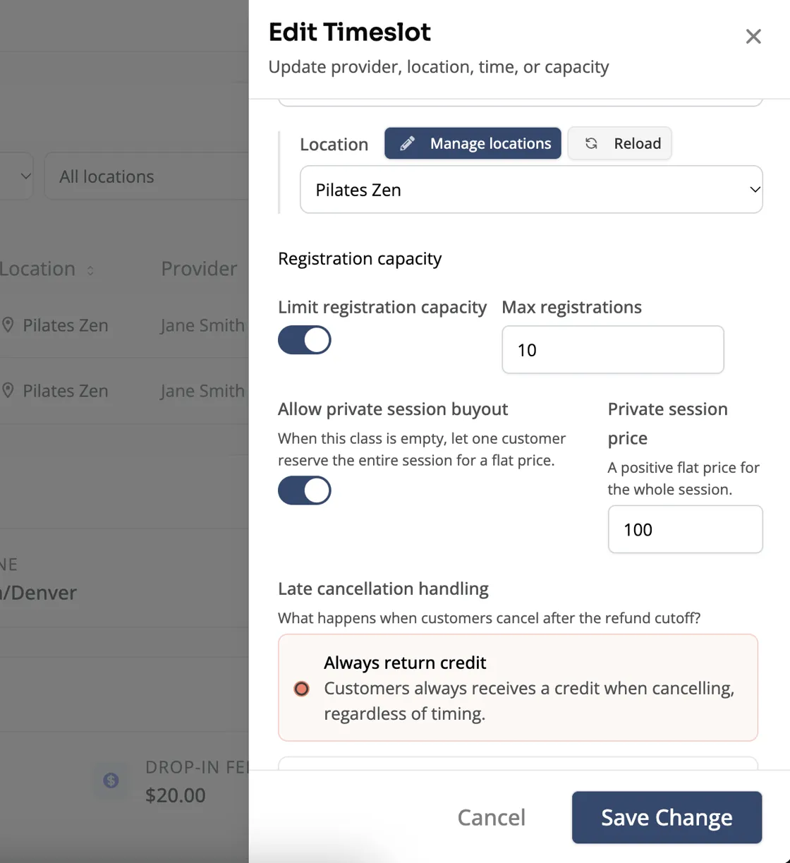 Edit timeslot panel with the Allow private session buyout toggle and price