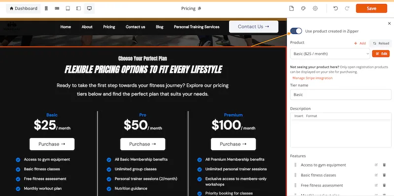Zipper product embedded in a website pricing section
