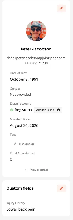 Client profile showing the Injury History answer under Custom fields