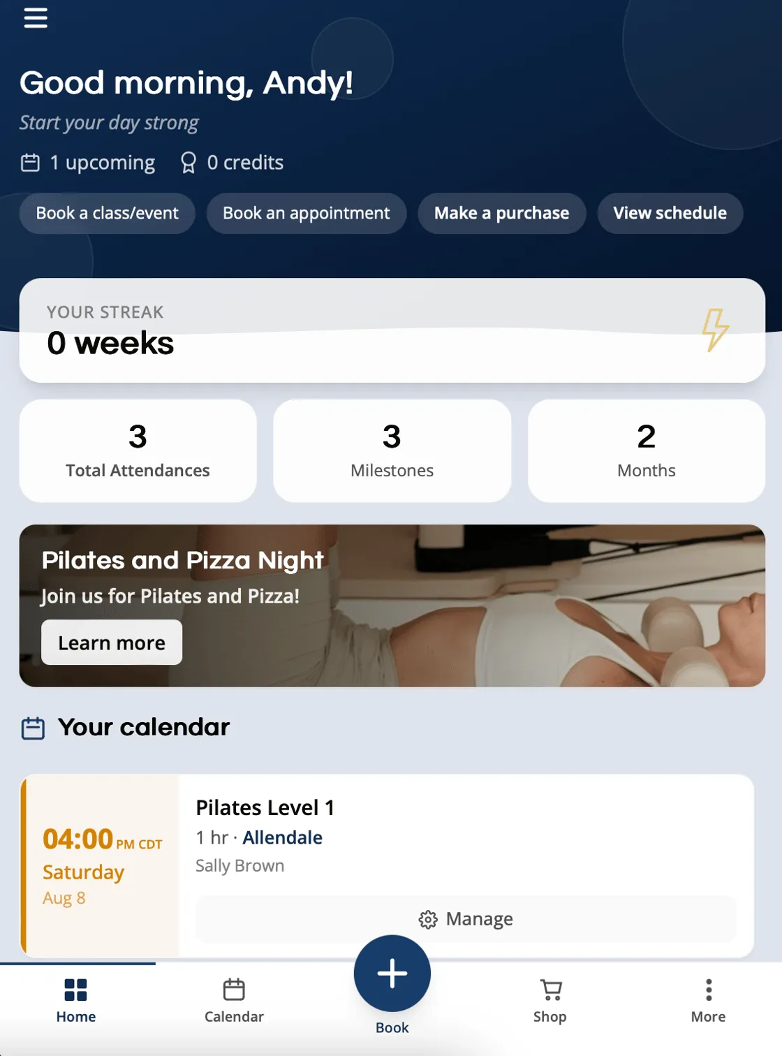 Promo banner for Pilates and Pizza Night on the branded client app home screen