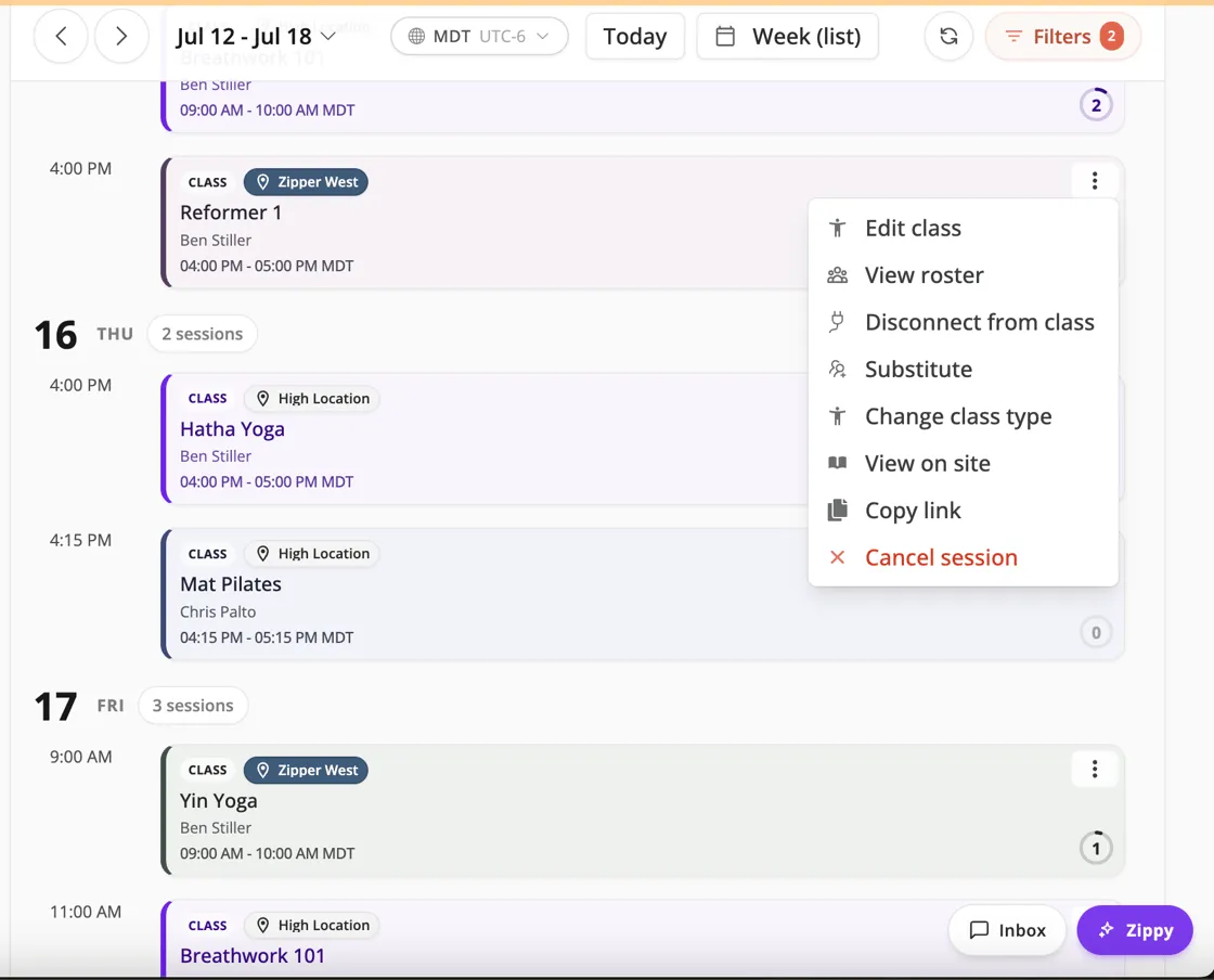 Redesigned provider calendar list view with session actions menu