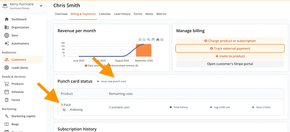 Punch card status section on a customer profile for manually issuing credits