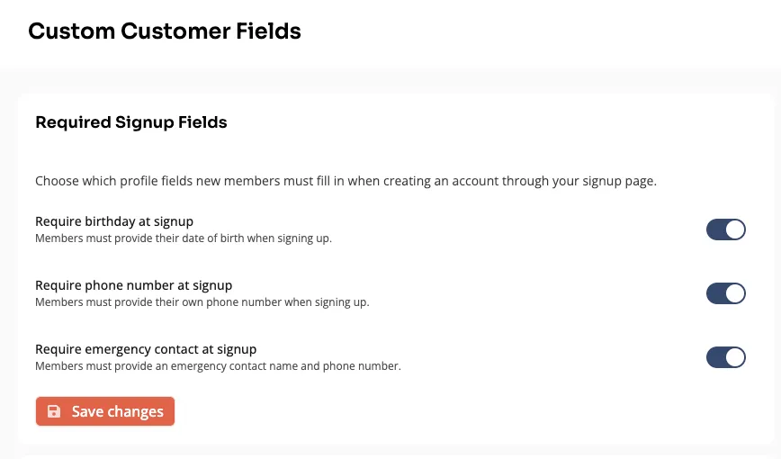 Required signup fields toggles for birthday, phone number, and emergency contact