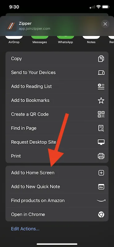 Add to Home Screen option in iOS share sheet