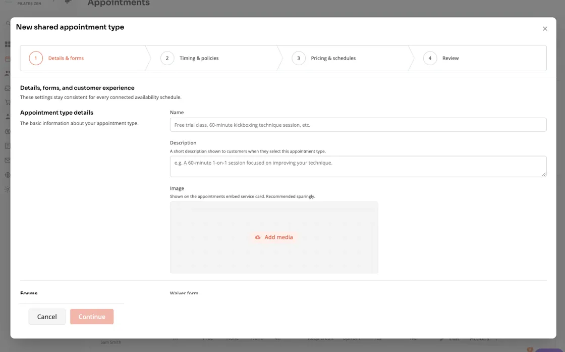 New shared appointment type setup with details, timing, pricing, and review steps
