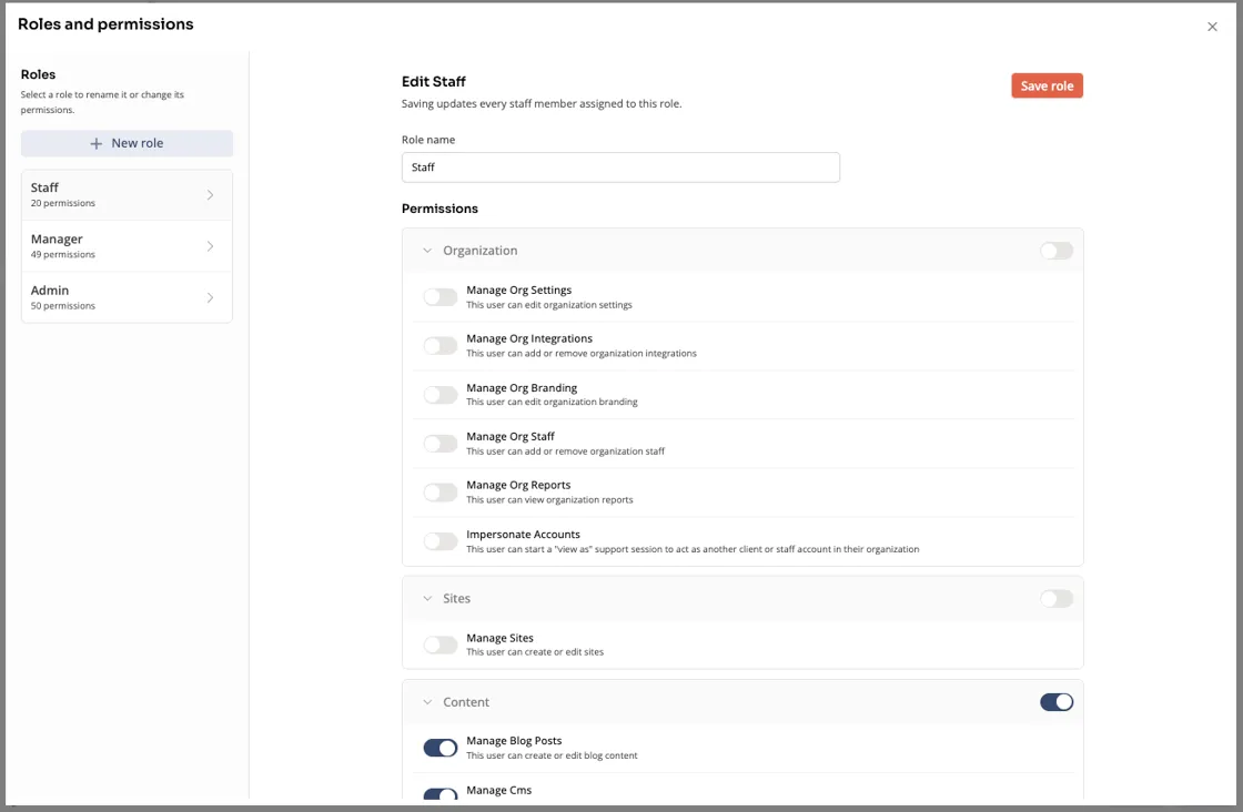 Roles and permissions editor with Staff, Manager, and Admin roles