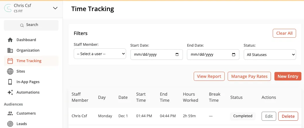 Hourly staff time tracking